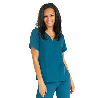 Buy Medline Park Ave Womens Stretch Fabric Mock Wrap Scrub Top - Caribbean Blue